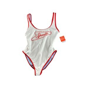 NWT Speedo Solid Bound Scoop Swimsuit White Red Blue Logo Size S
